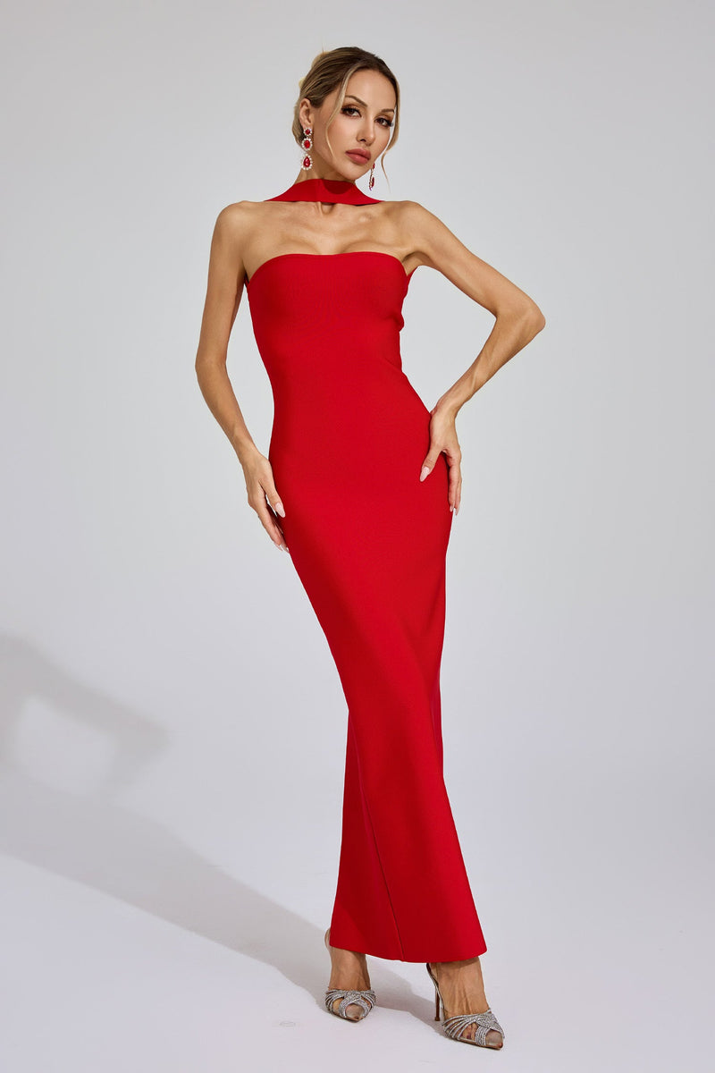 Karen Cutout Halter Backless Maxi Dress In Red
