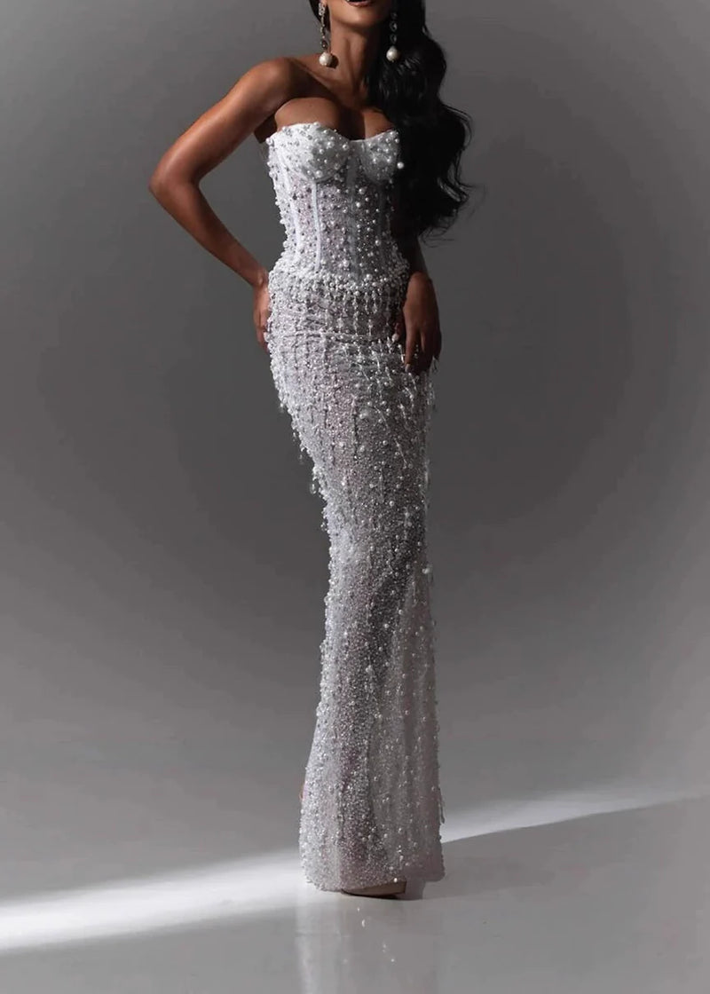 Pagan Strapless Pearl Sequin Corset Maxi Dress In Nude