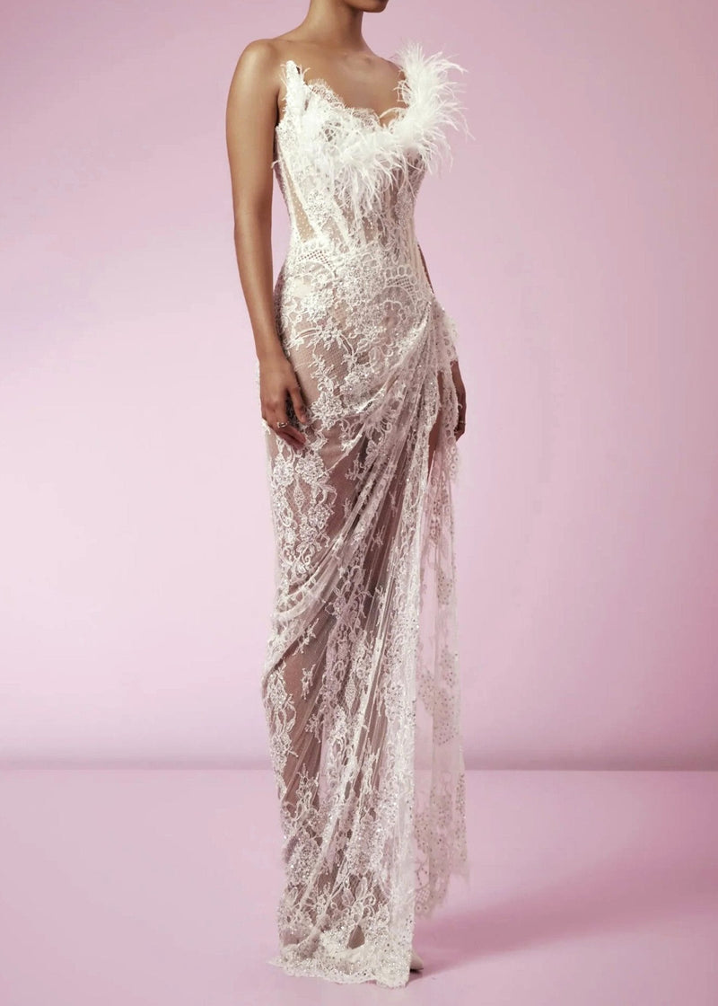 Caysie Strapless Feather Lace Corset Maxi Dress In White