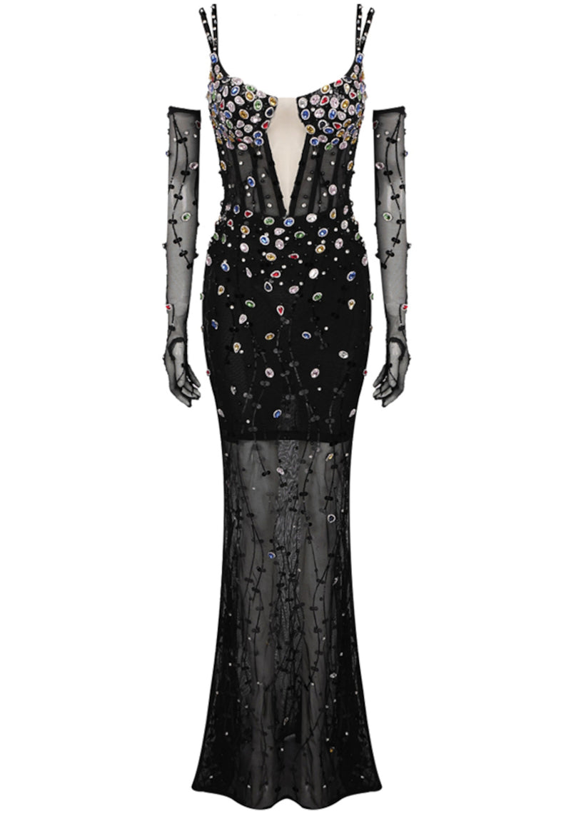 Jyrthos Crystal Sequin Bustier Maxi Dress In Black