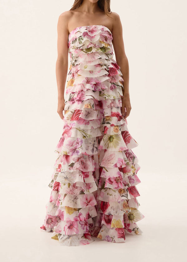 Corthos Strapless Floral Printed Layered Maxi Dress