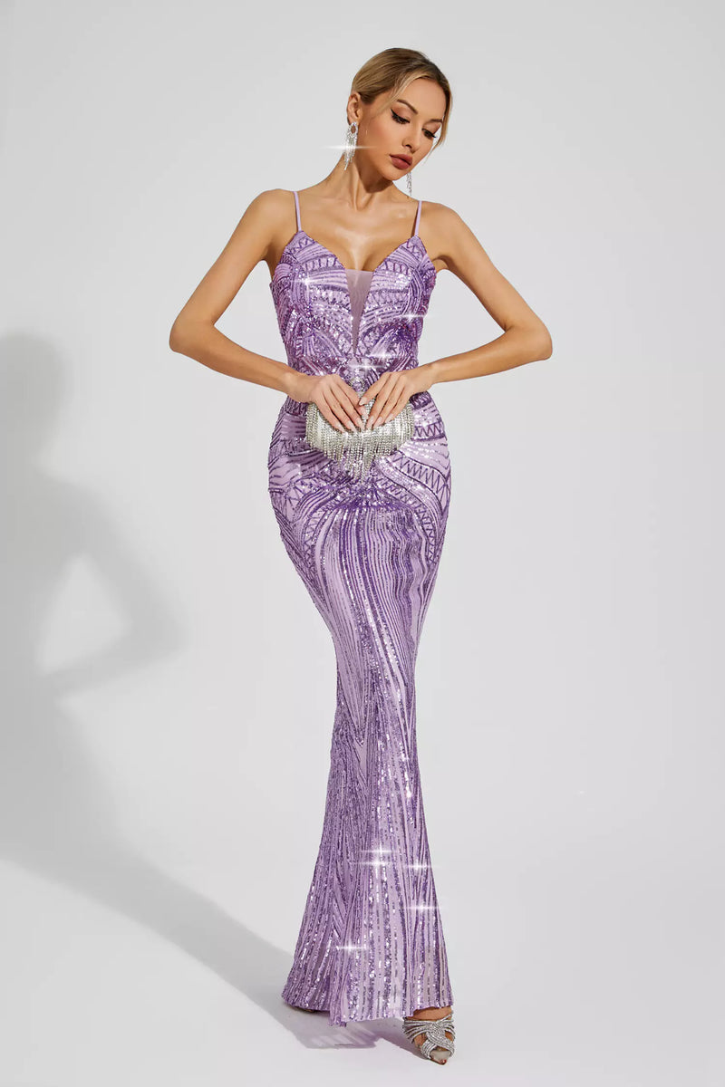 Gideon Mermaid Sequins Slip Dress In Purple