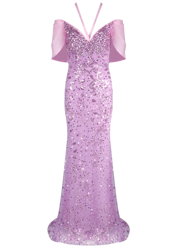 Jasani Halter Bardot Crystal Sequin Maxi Dress In Pink