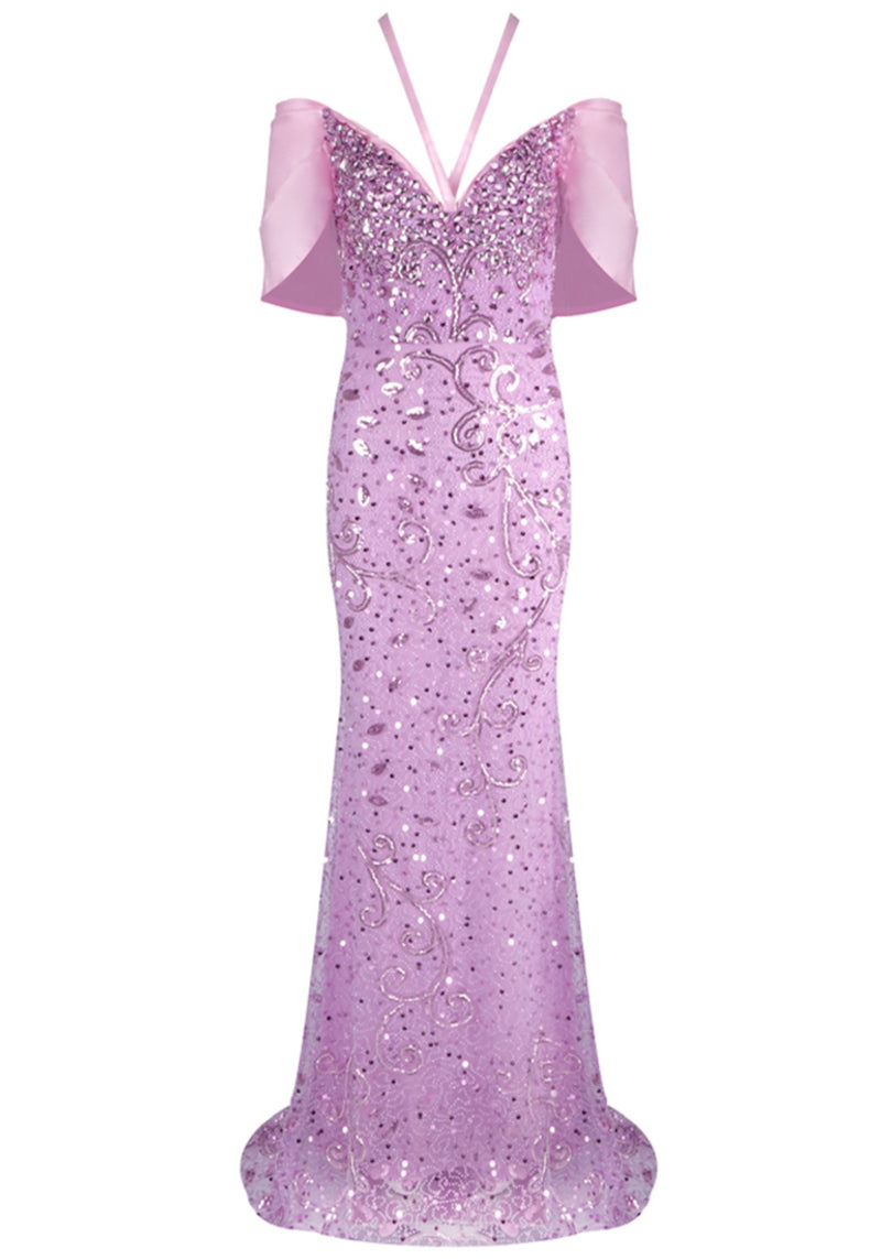 Jasani Halter Bardot Crystal Sequin Maxi Dress In Pink