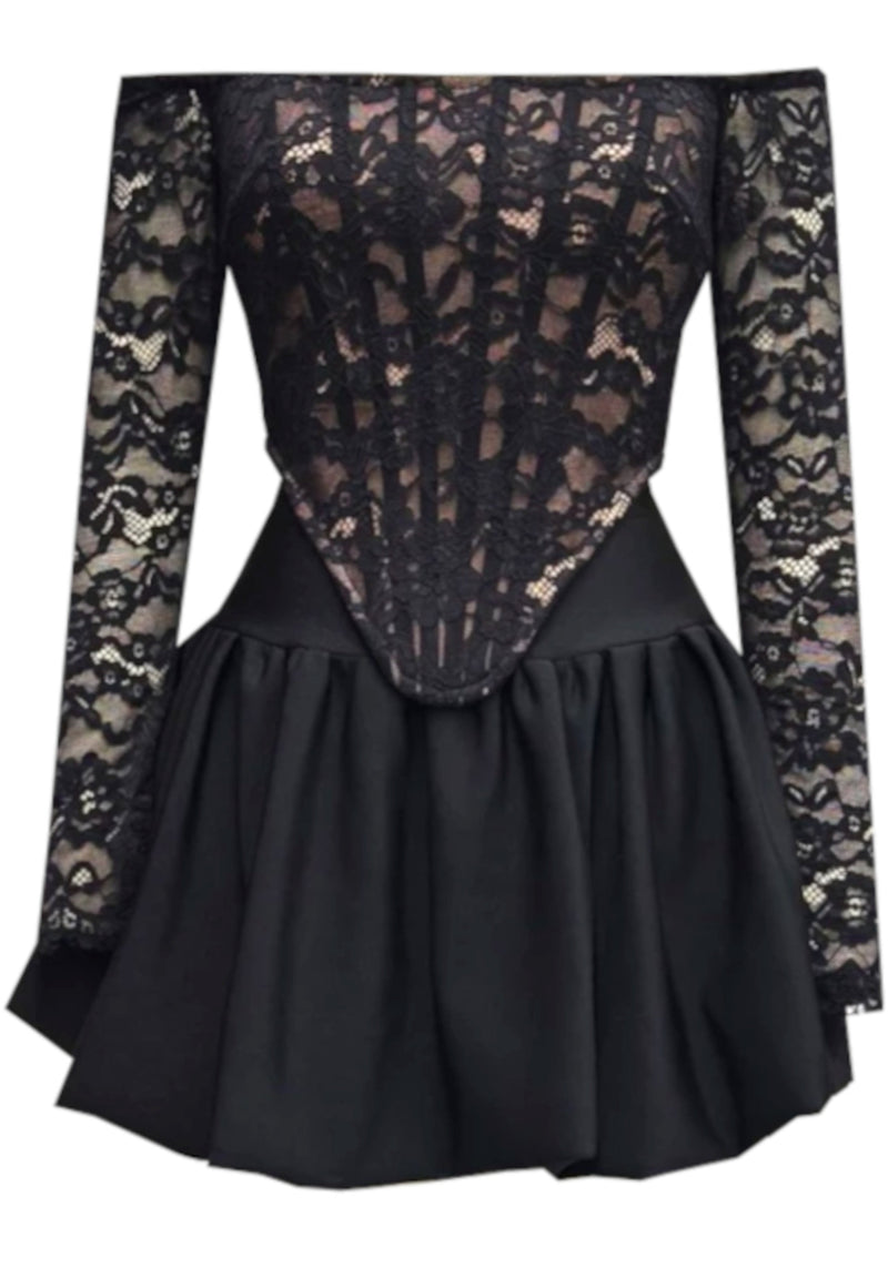 Najila Long Sleeve Bardot Lace Corset Two Piece Dress In Black