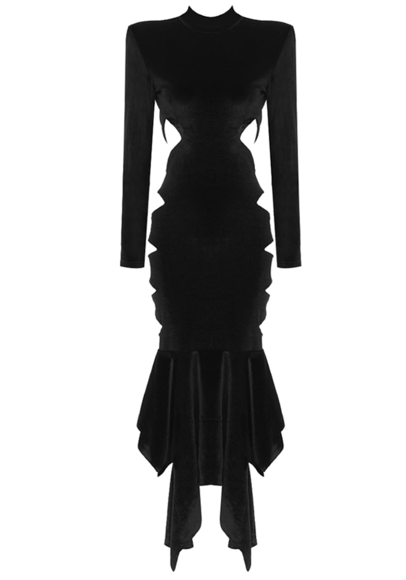 Humvee Long Sleeve Cutout Fluted Midi Velvet Dress In Black