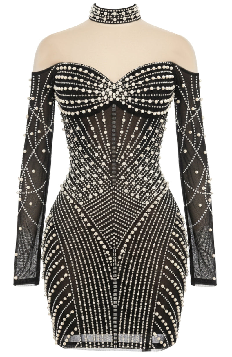 Raelys Long Sleeve Embellished Mini Dress In Black