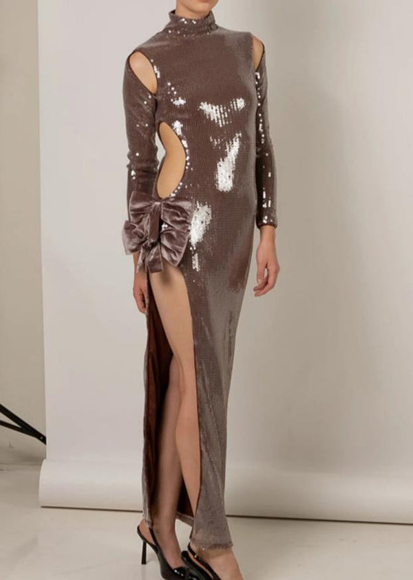 Kalindi Bow Detail Sequin Maxi Dress In Brown