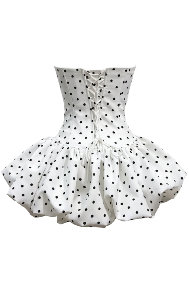Ahanu Polka Dot Strapless Floral Corset Puff Mini Dress In White