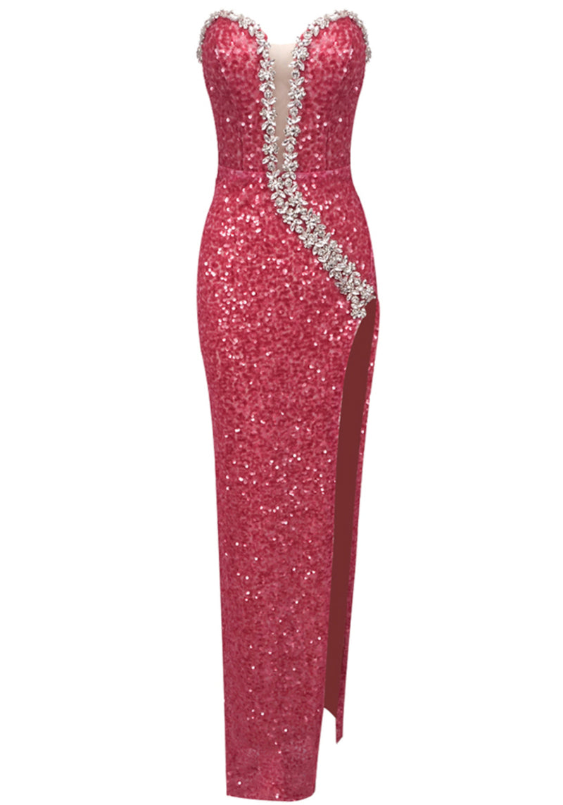 Azhor Strapless Crystal Sequin Maxi Dress In Watermelon