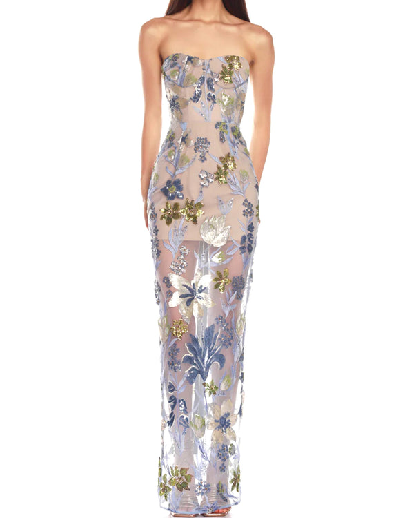 Yvoryth Strapless Sequin Embroidered Floral Maxi Dress In Blue
