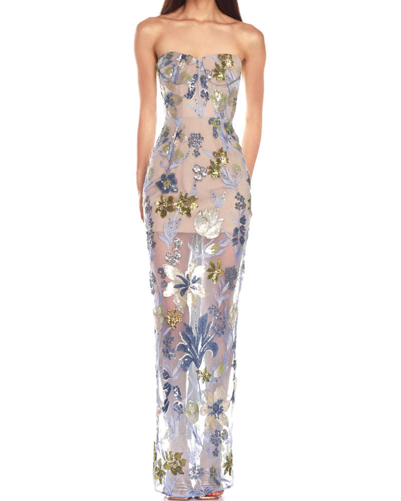 Yvoryth Strapless Sequin Embroidered Floral Maxi Dress In Blue