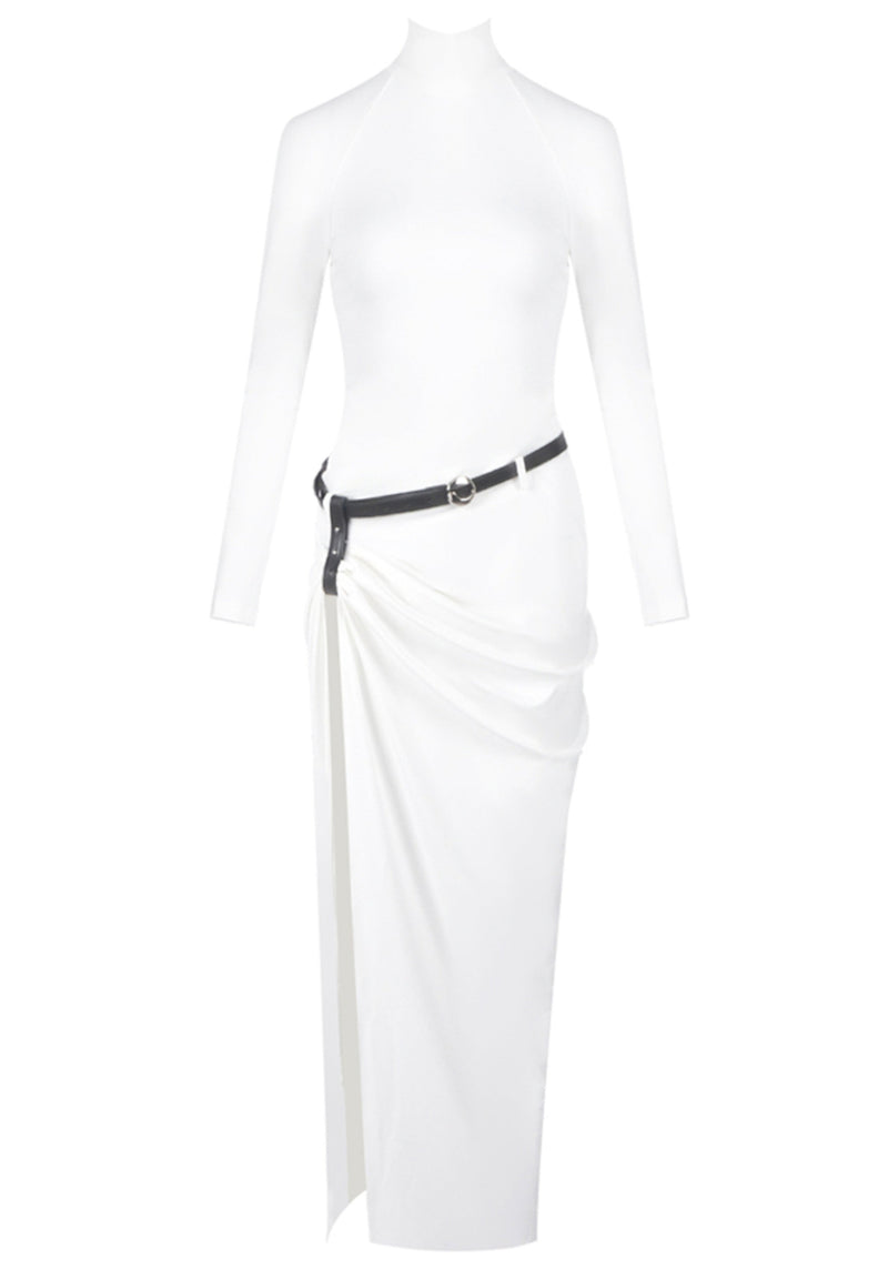 Oexor Long Sleeve Belt Backless Maxi Dress In White