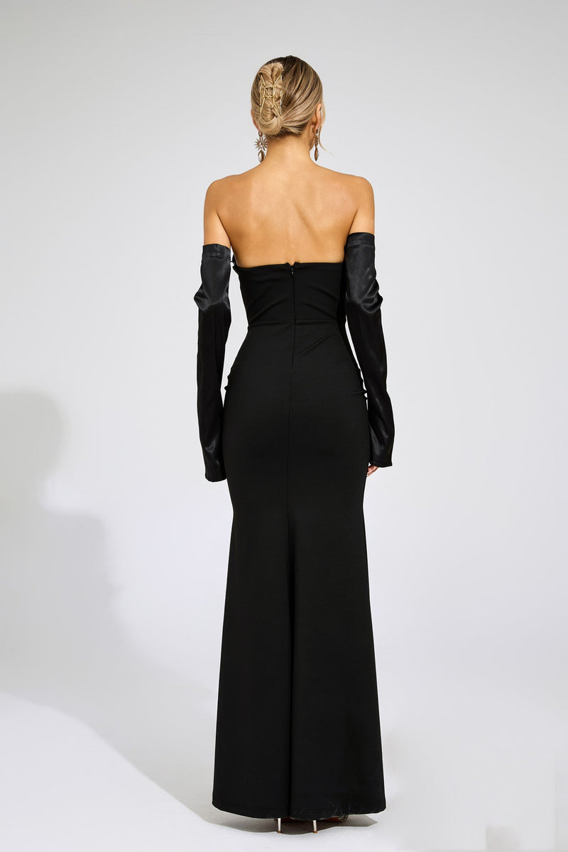 Radka Long Sleeve Strapless Draped Maxi Dress In Black