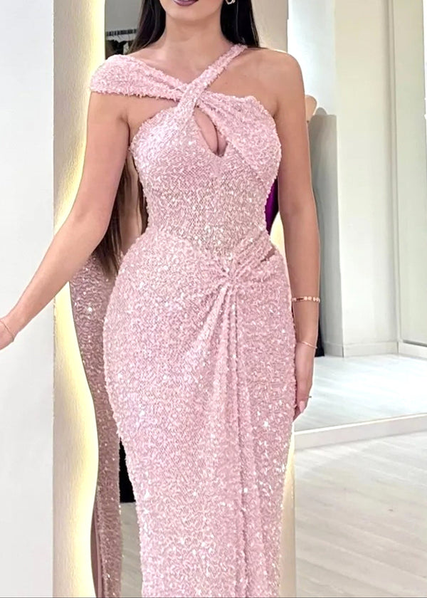 Olyra Halter Draped Sequin Maxi Dress In Pink