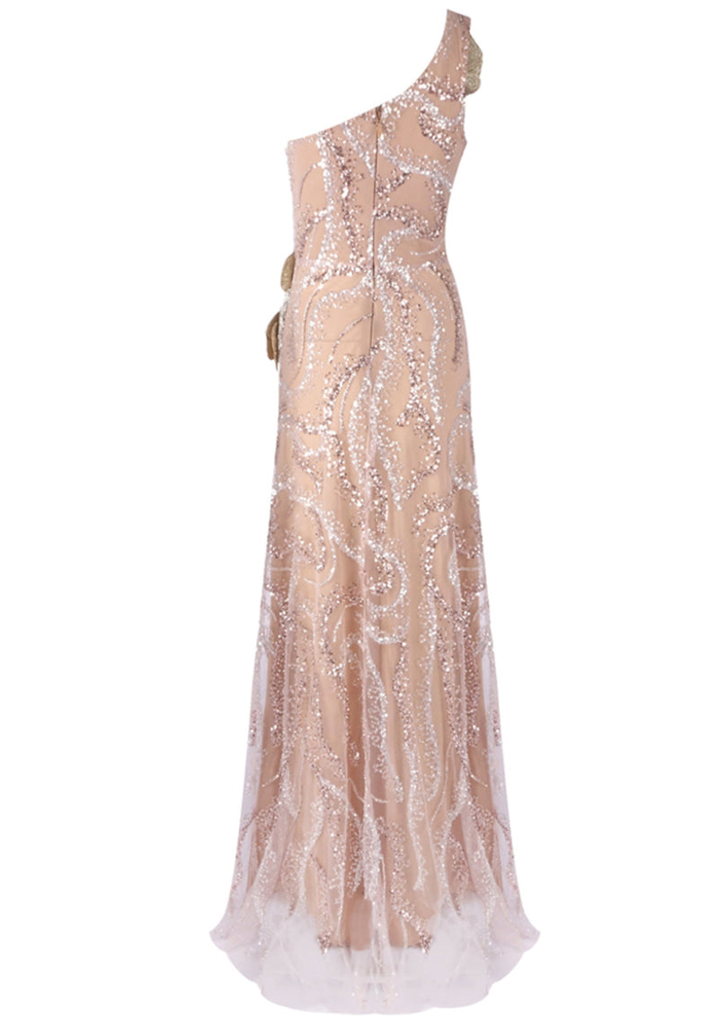 Jaqueen One Shoulder Floral Sequin Maxi Dress In Nude
