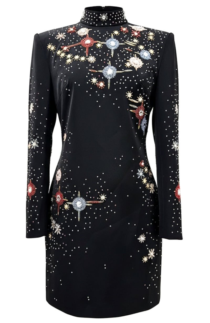 Nereus Long Sleeve Crystal Embellished Mini Dress In Black