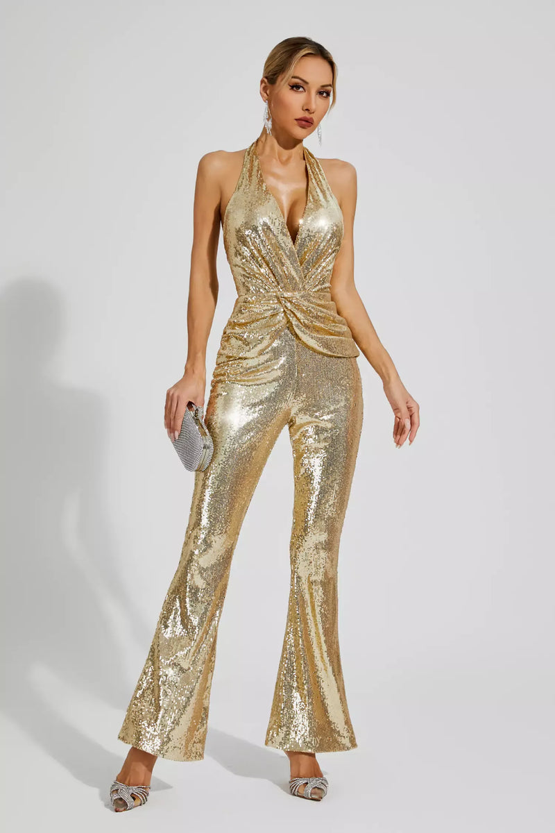 Gaspard Sequins Halter Jumpsuit In Gold