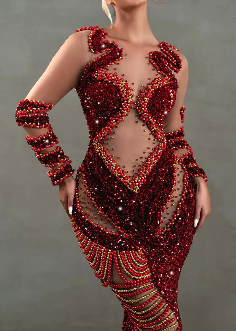 Orsolya Long Sleeve Sequin Mermaid Maxi Dress In Red