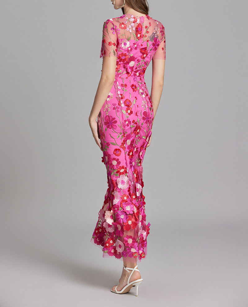 Chesley Floral Embroidery Mesh Fishtail Midi Dress In Pink