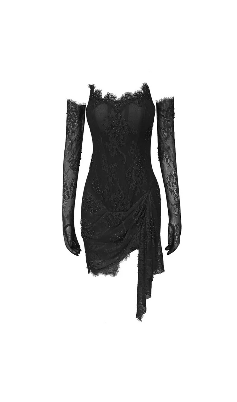 Kellie Strapless Lace Appliques Mini Dress In Black