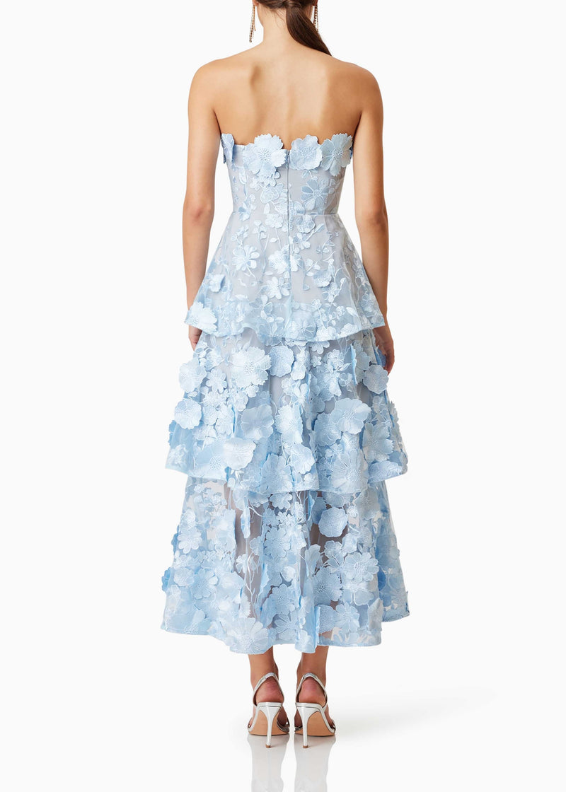 Pashaie 3D Flower Tiered Maxi Dress In Blue