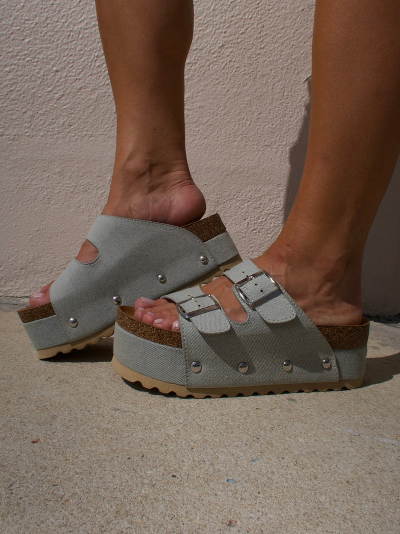 Pueblo Stacked Double Strap Slides Denim