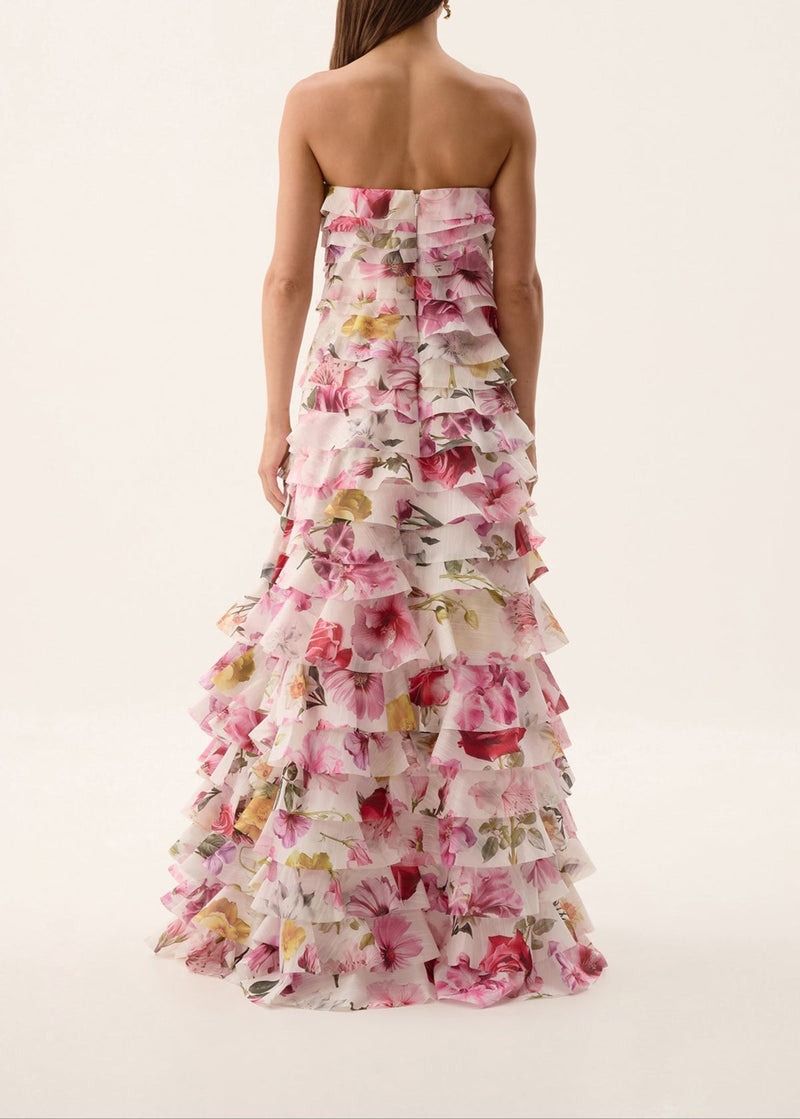 Corthos Strapless Floral Printed Layered Maxi Dress