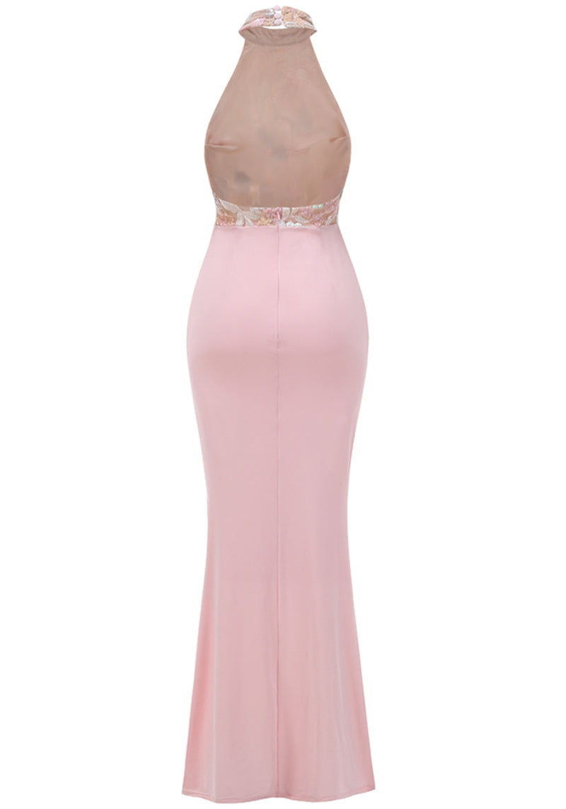 Kyxara Halter Floral Sequin Embroidered Maxi Dress In Pink