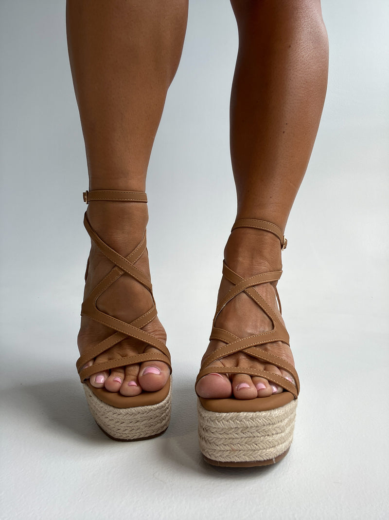 Fab Platform Strappy Wedges Camel