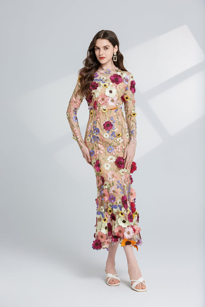 Thalvix Floral Embroidery Mesh Long Sleeve Midi Dress In Apricot