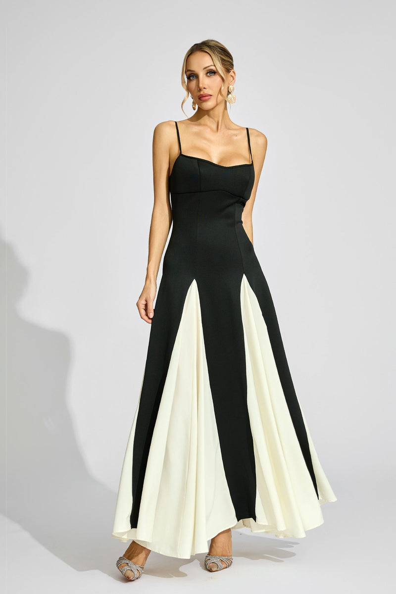 Clotilde Contrast Color Suspender Maxi Dress In Black