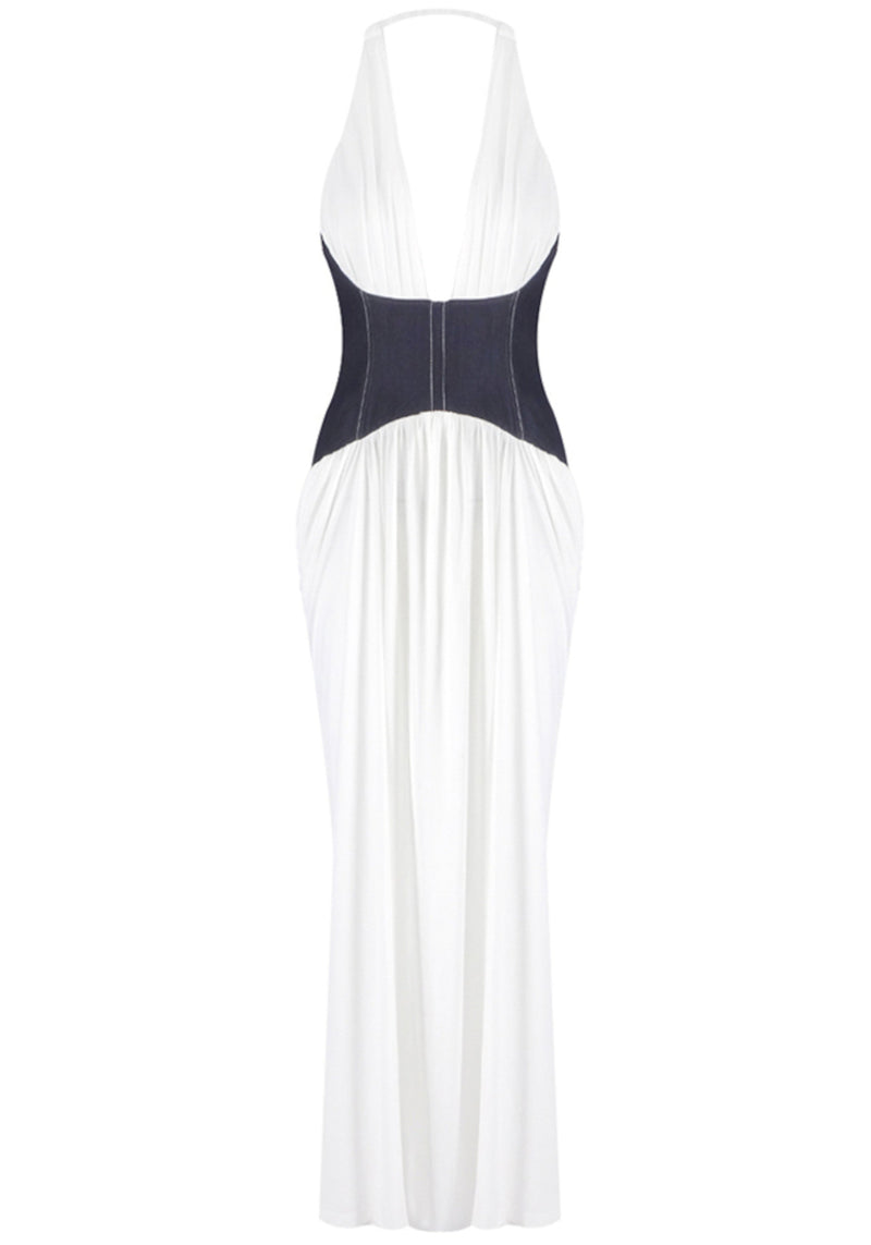Jasey Halter Corset Draped Maxi Dress In White