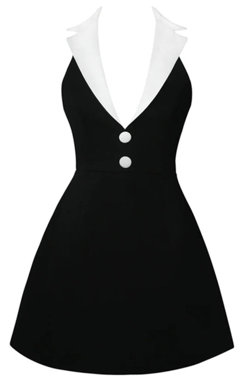 Ahmaud Halter Lapel Collar Mini Dress In Black White