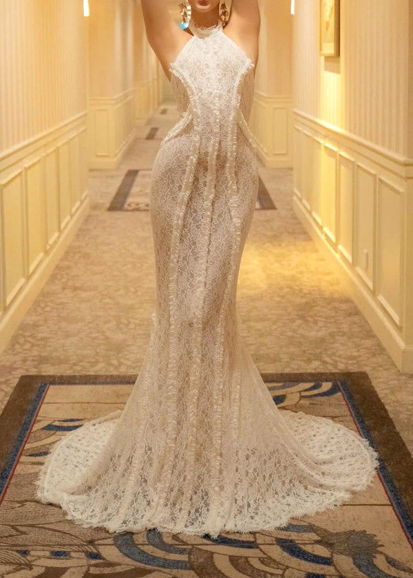 Ngendo Halter Lace Corset Maxi Dress In White