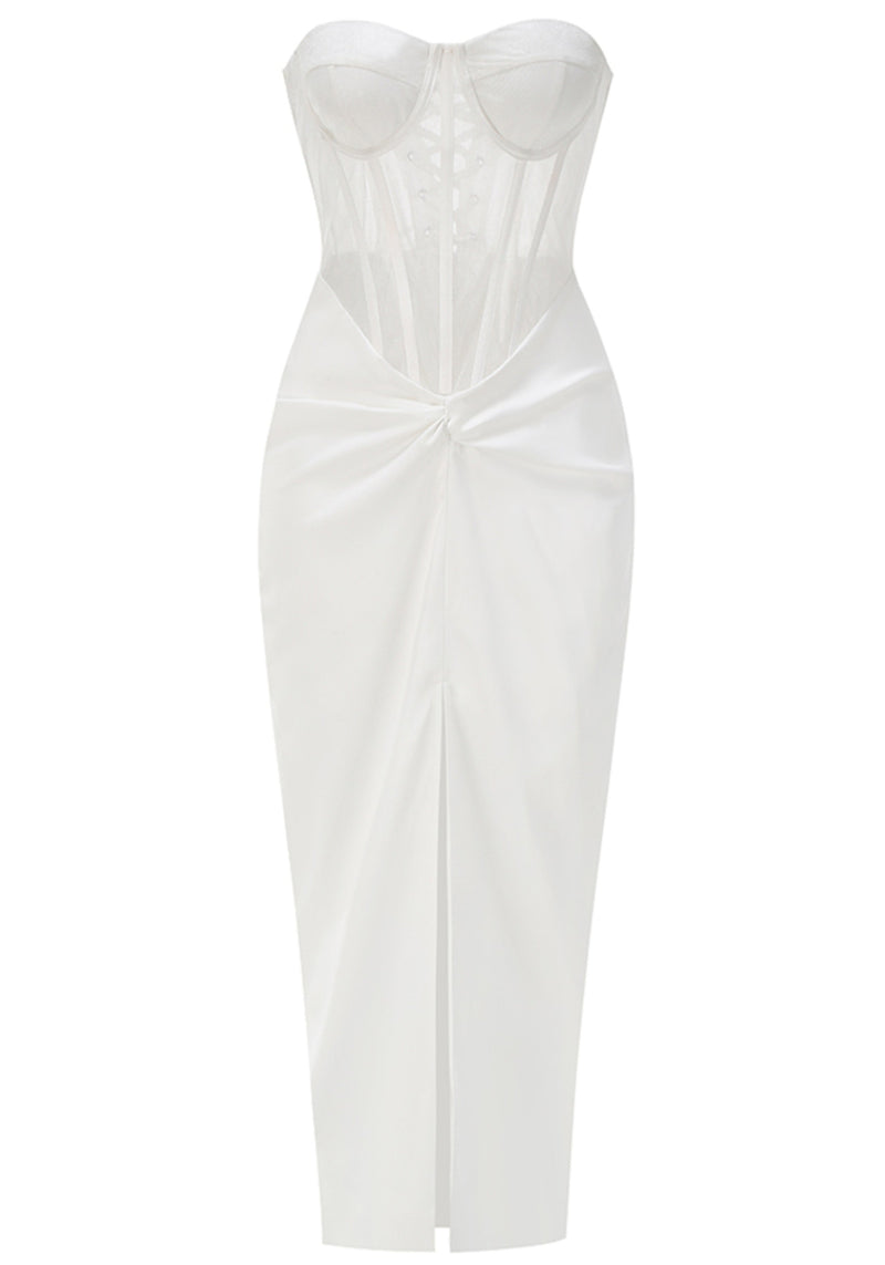 Azdara Strapless Mesh Corset Maxi Dress In White