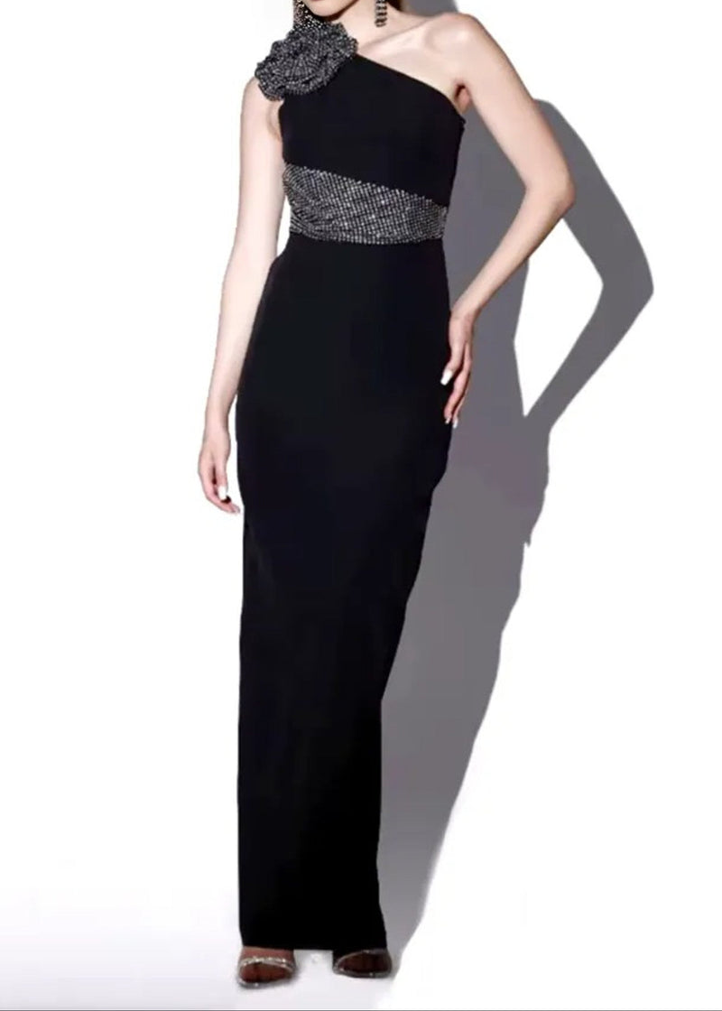 Wiebke One Shoulder Crystal Floral Detail Maxi Dress In Black