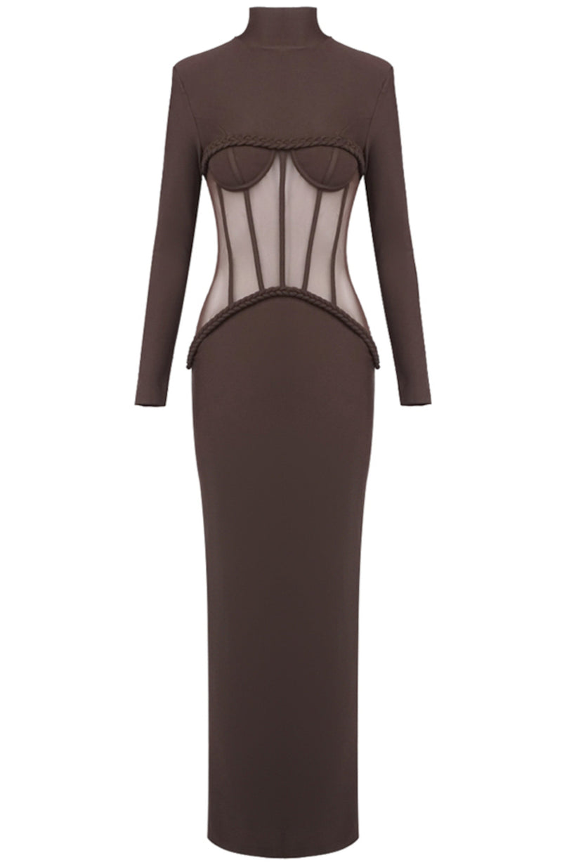 Jaelthis Long Sleeve Structured Mesh Maxi Dress In Brown