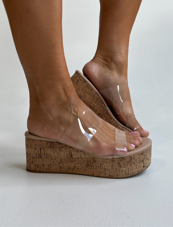 Beyond Double Strap Clear Wedges Nude
