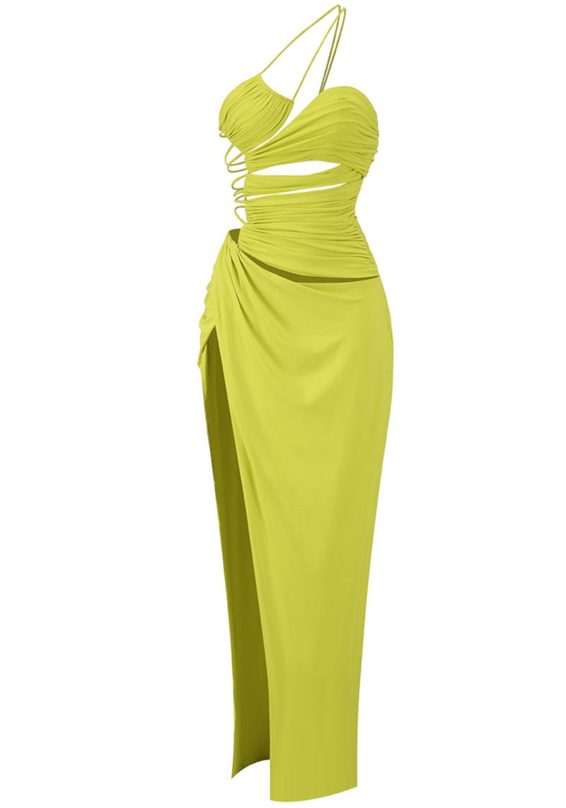 Brynhildr One Shoulder Draped Strappy Maxi Dress In Chartreuse
