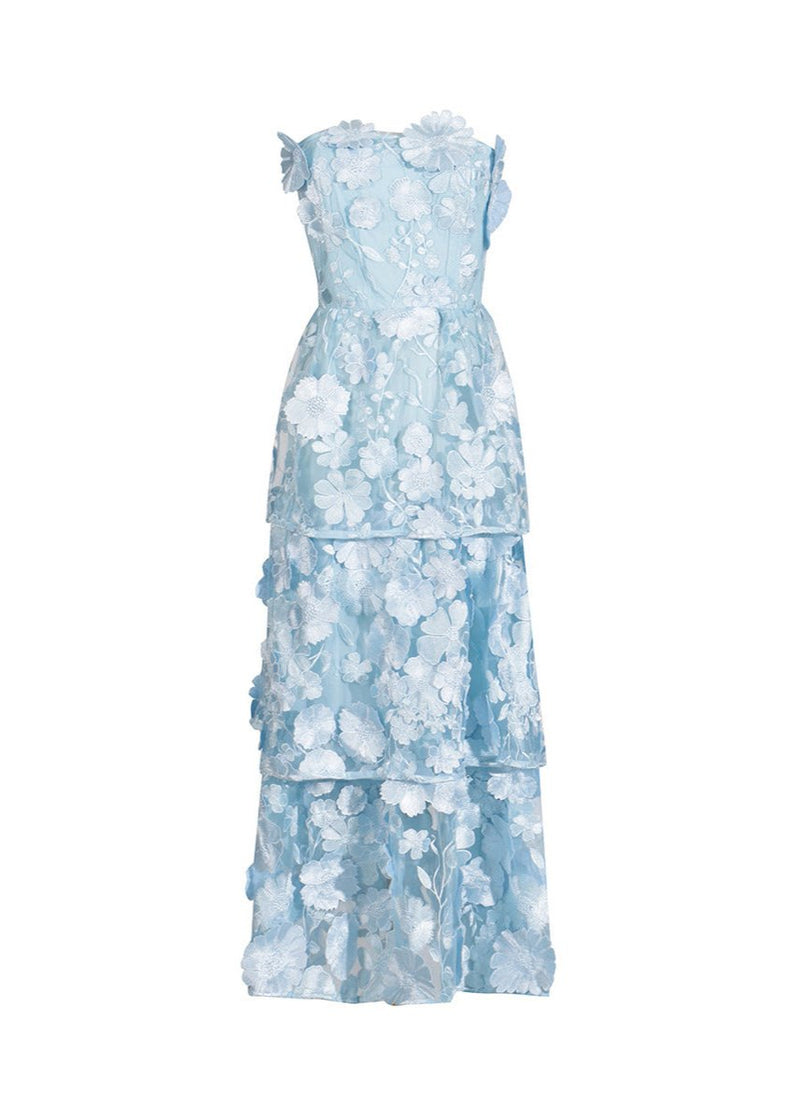 Pashaie 3D Flower Tiered Maxi Dress In Blue