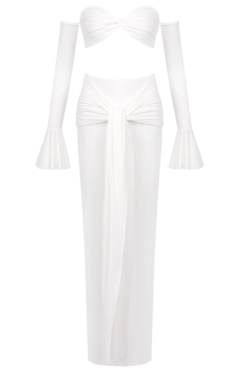 Akifumi Long Sleeve Bardot Two Piece Maxi Dress In White