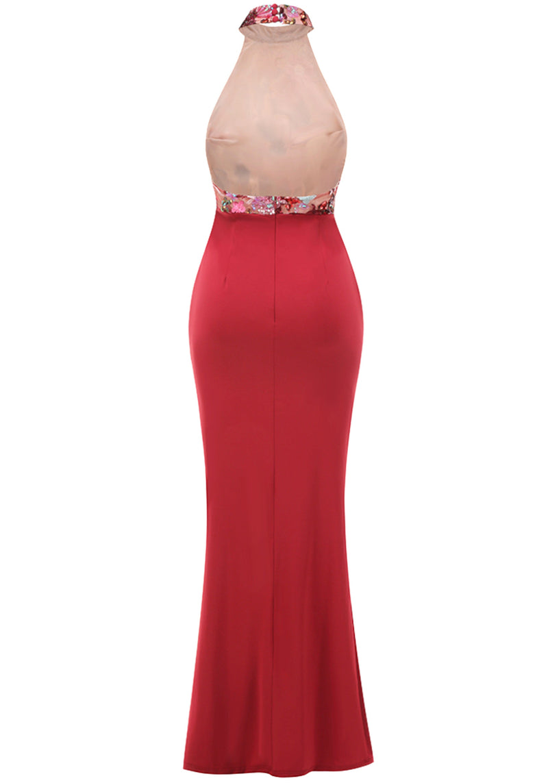 Kyxara Halter Floral Sequin Embroidered Maxi Dress In Green