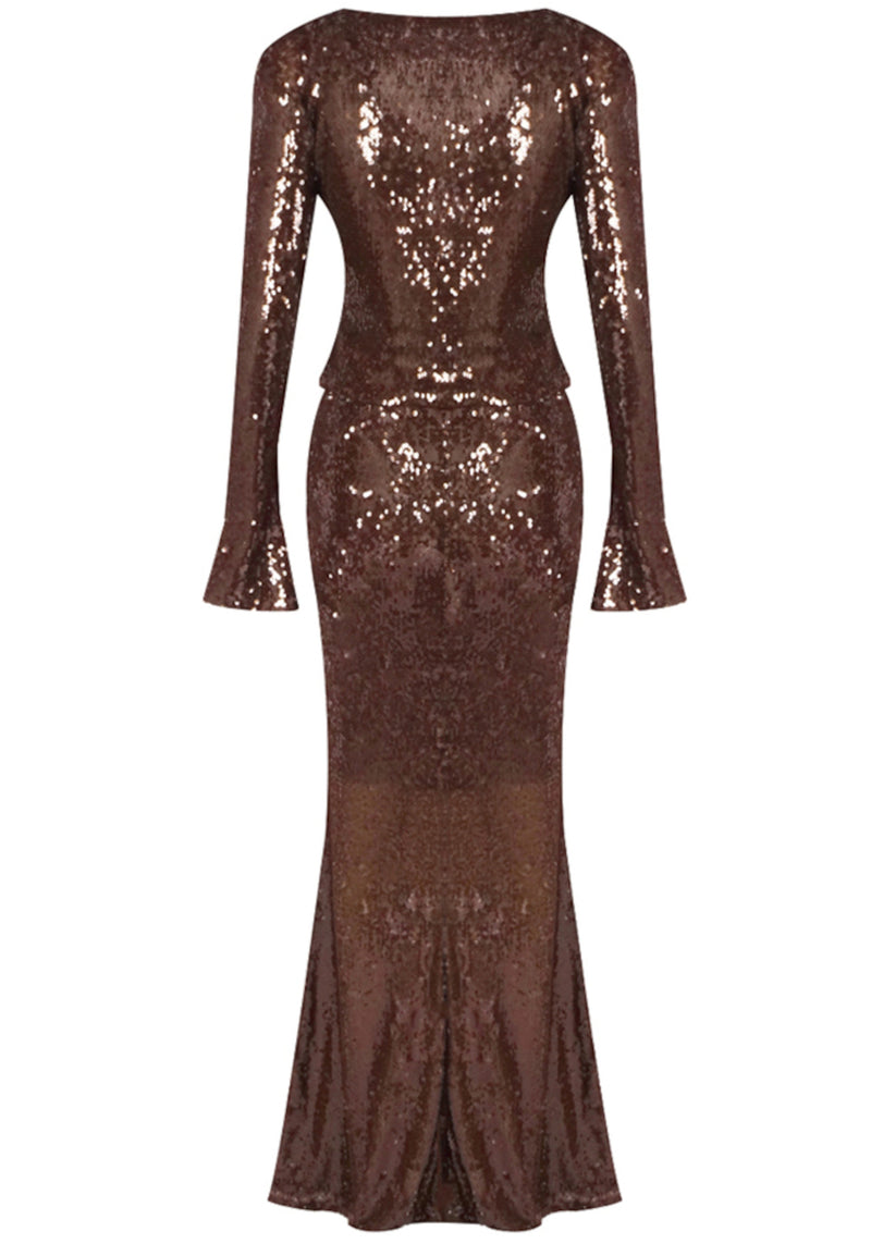 Damla Long Sleeve Sequin Two Piece Maxi Dress In Brown