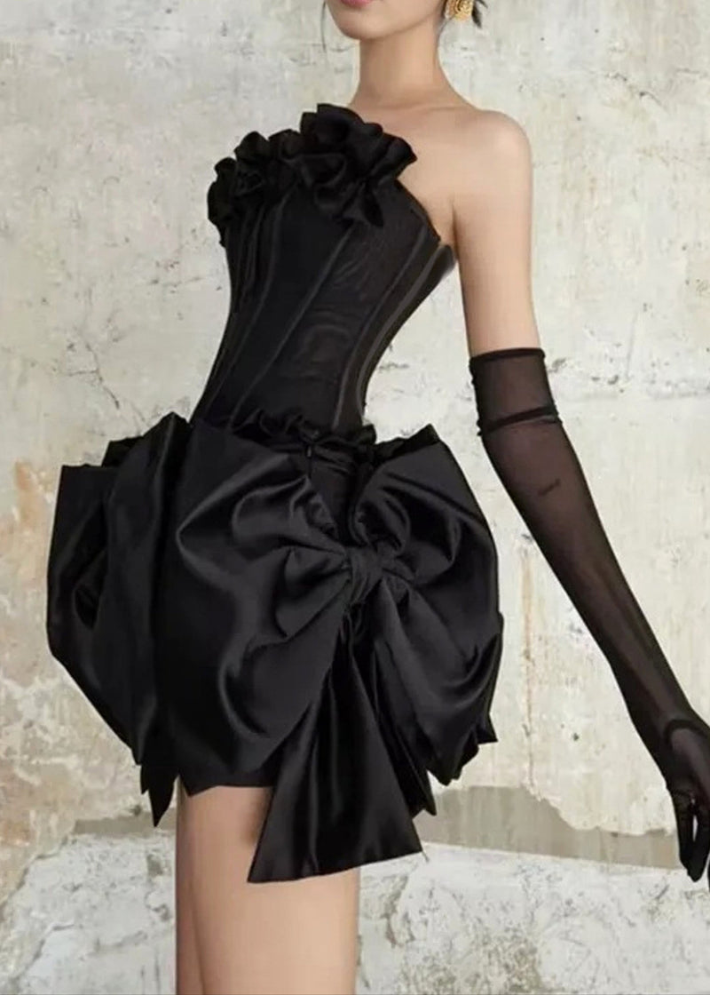 Cyrren Strapless Floral Bow Corset Two Piece Dress In Black