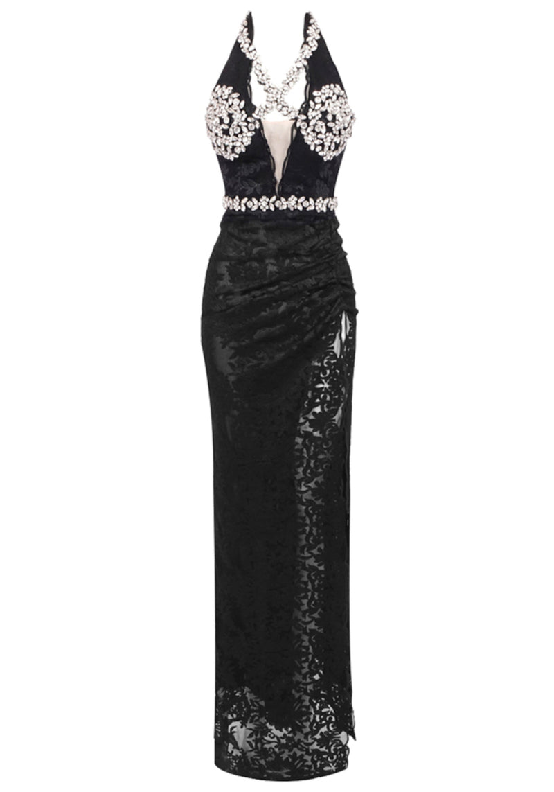 Arlen Halter Crystal Bustier Lace Maxi Dress In Black