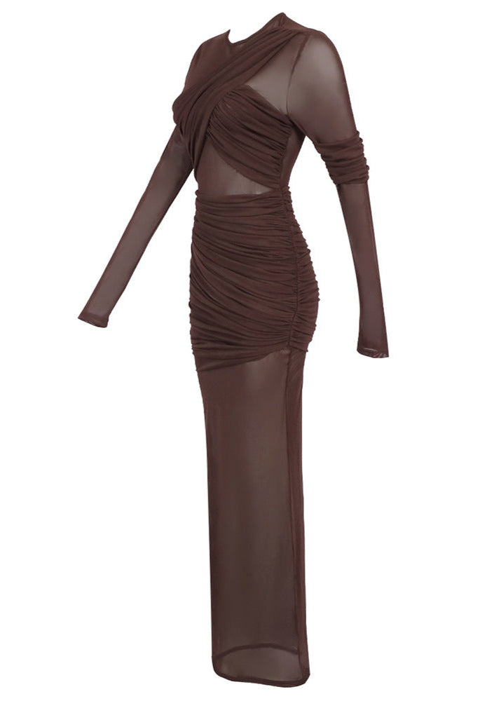Ramesh Long Sleeve Mesh Insert Draped Maxi Dress In Brown