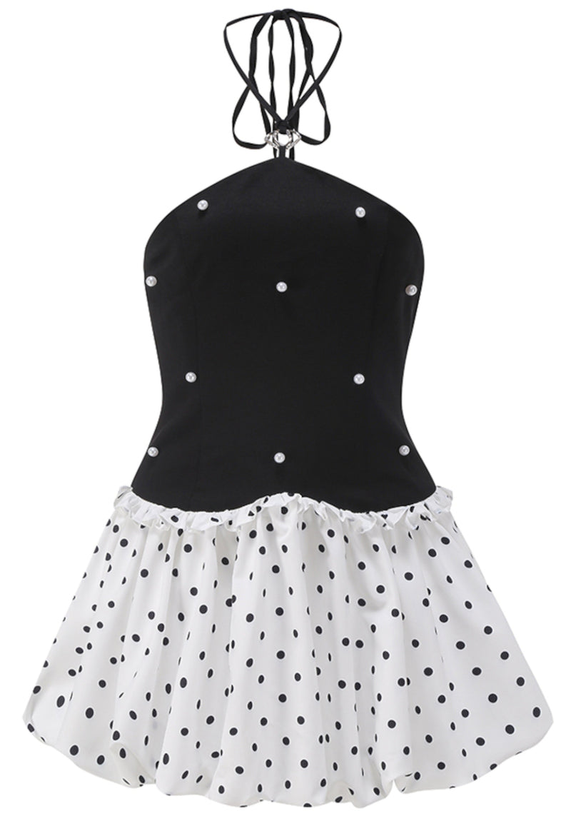 Jania Halter Pearl Polka Dots Puff Dress In Black White