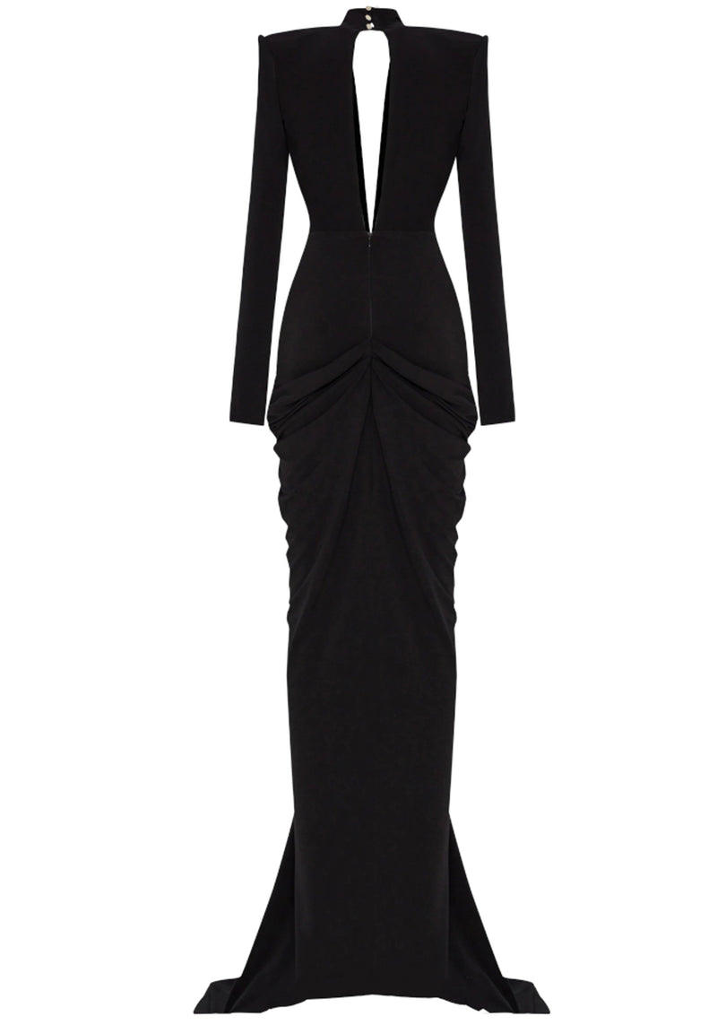Avalee Long Sleeve Plunge V Neck Crystal Maxi Dress In Black