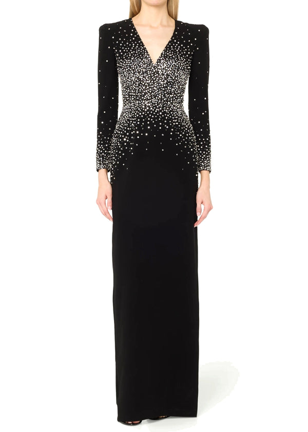 Seraphiel Long Sleeves Crystal Maxi In Dress Black